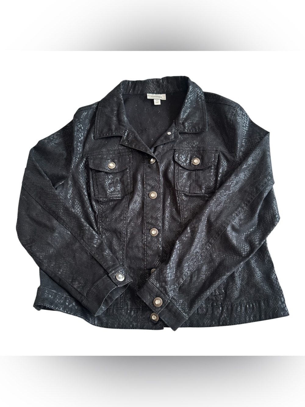 Dressbarn Black Snake Print Denim Jacket Button Up Collar Pockets XL